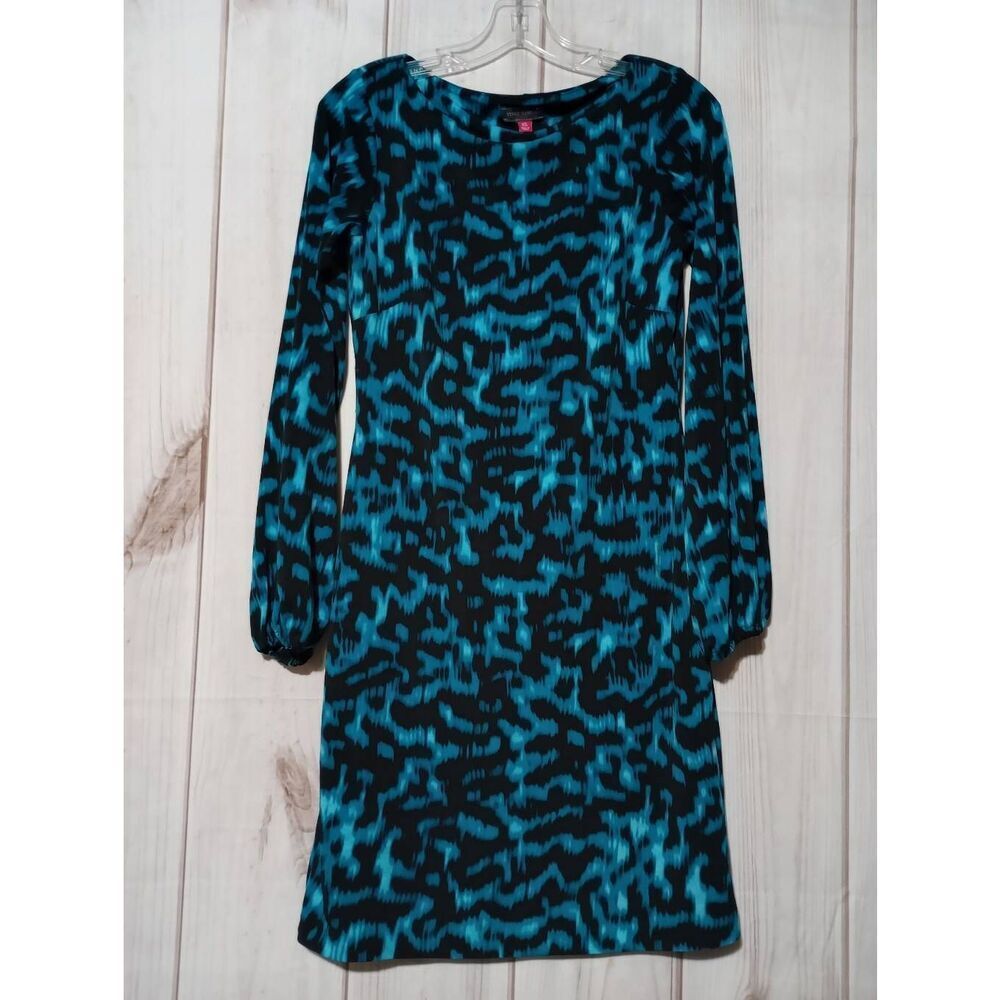 Vince Camuto Dress Ladies Extra Small Black Aquamarine Long Sleeve Midi